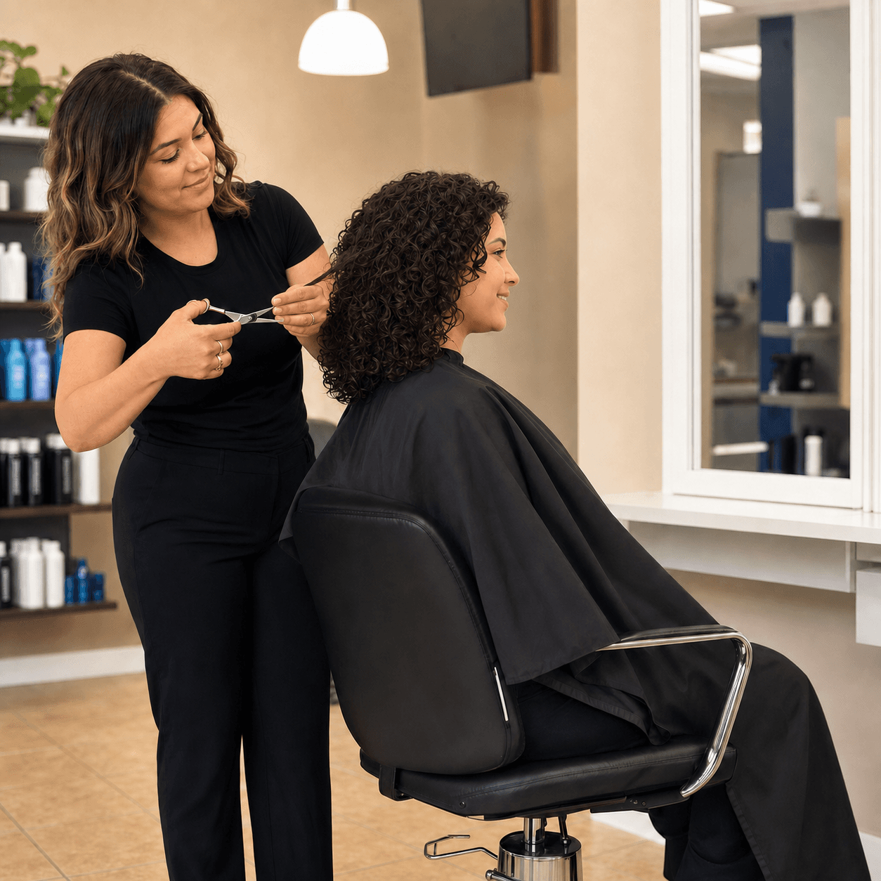 Stylist shaping a female client's natural curls at a salon mirror