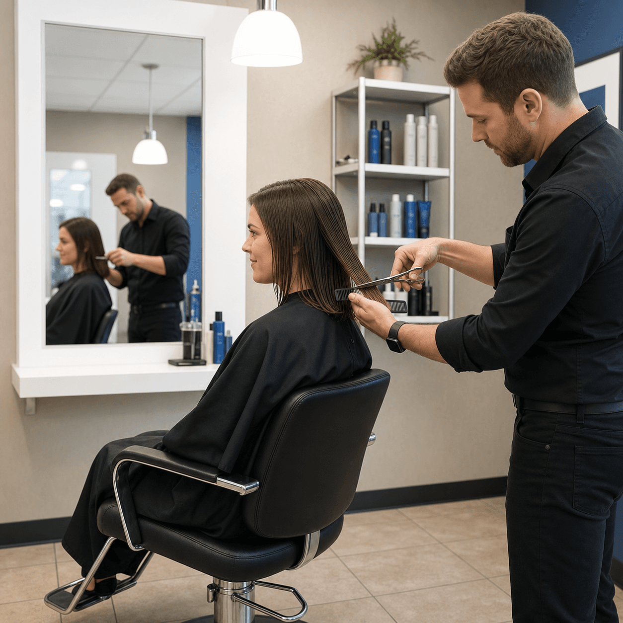 Stylist cutting a female client's hair at a salon mirror