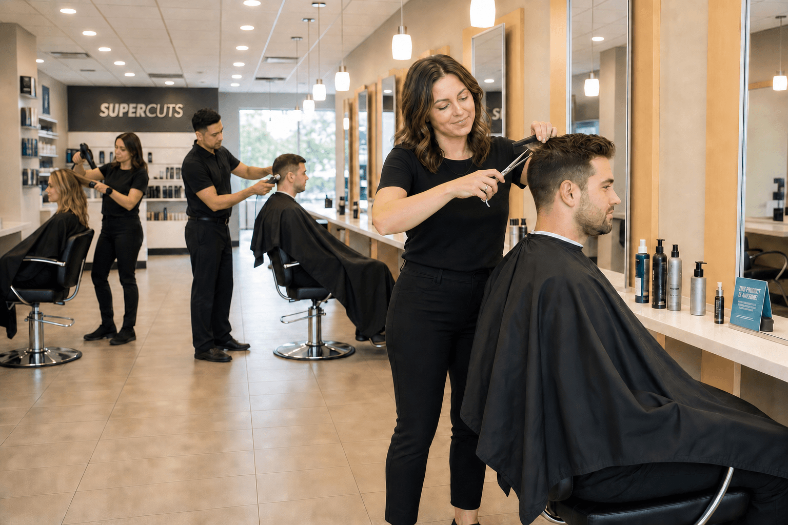 Stylist cutting a male client's hair in a bright, busy salon