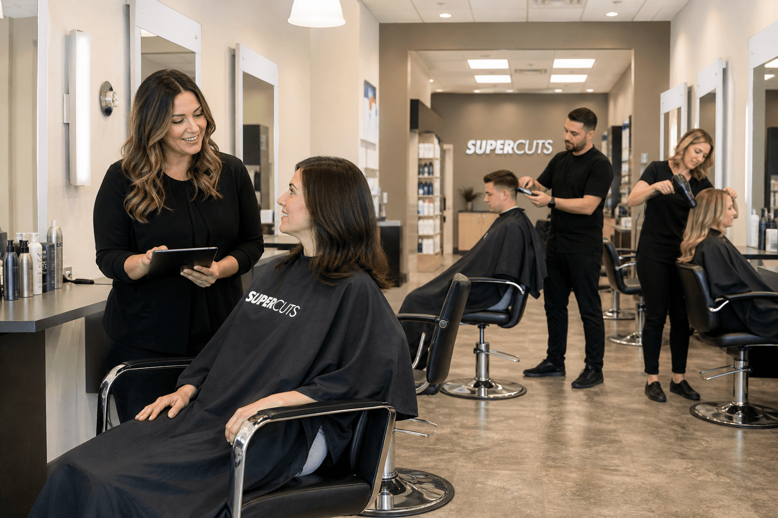 Busy Supercuts salon with stylists working and a manager reviewing a tablet