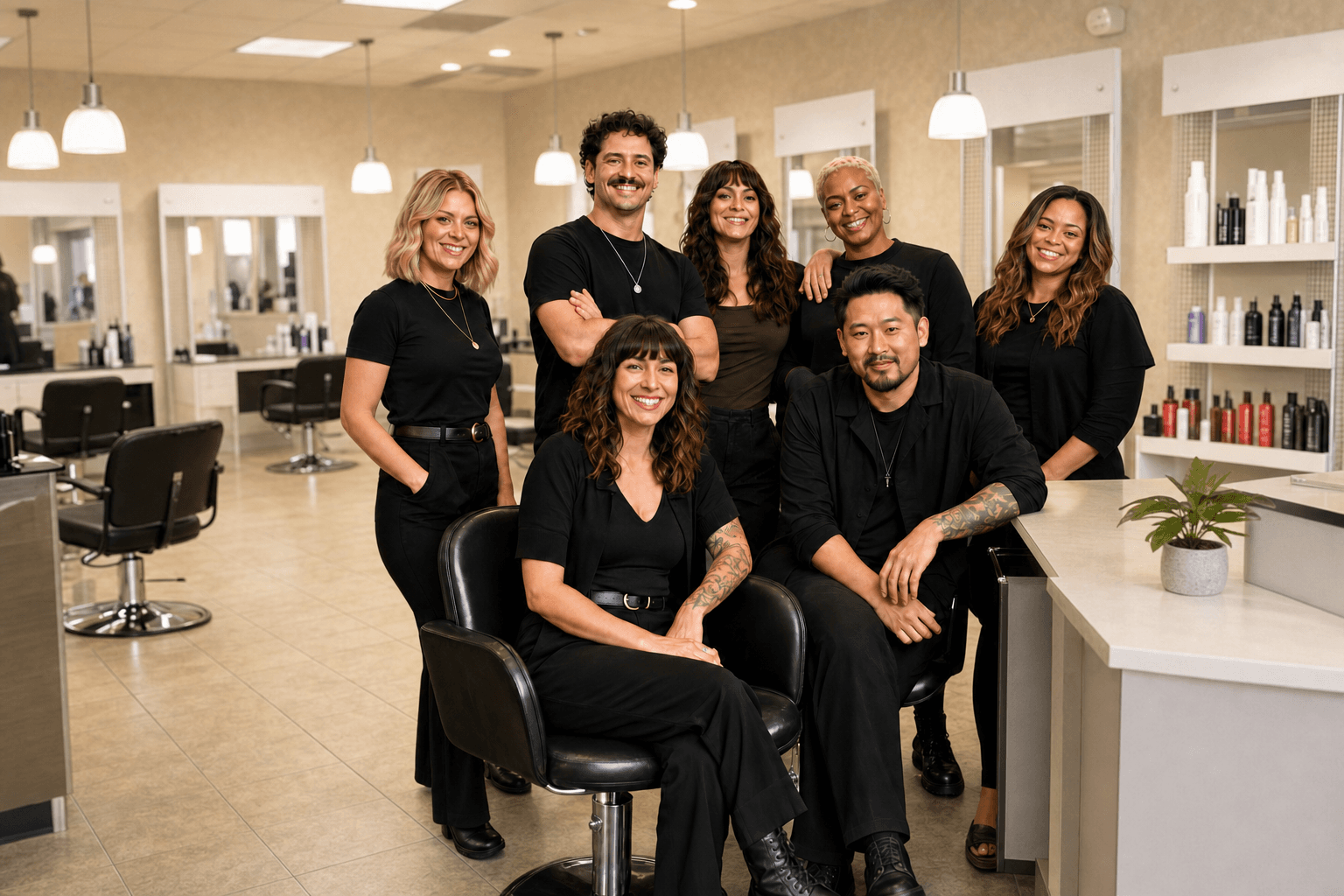 Seven-person salon team gathered around styling chairs, smiling