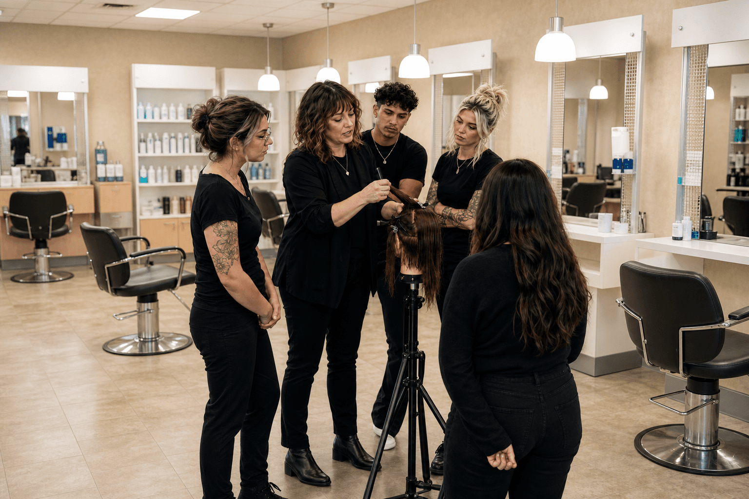 Instructor coaching a small group of stylists around a mannequin head